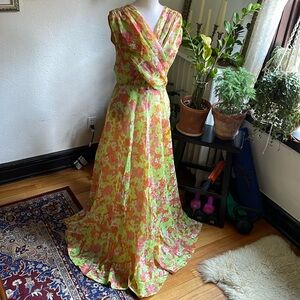 Vintage neon psychedelic floral 60s 70s dress handmade